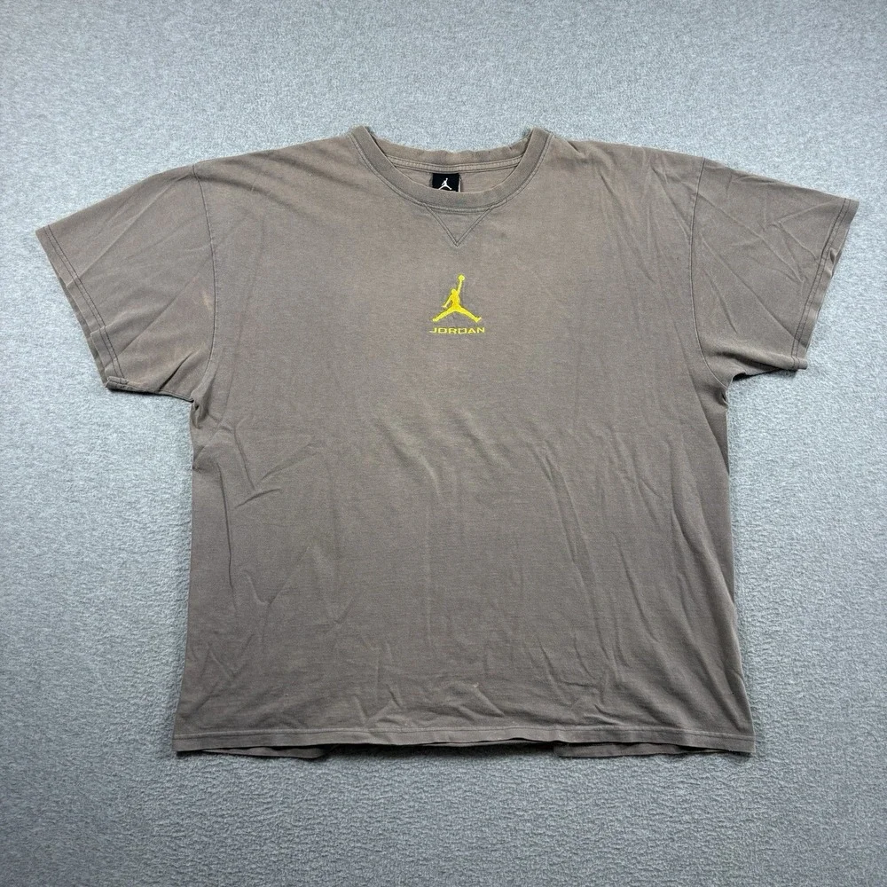 Vintage 90s Y2K Jordan Center Logo Tee XL Gray Yellow Jumpman Embroidered Faded